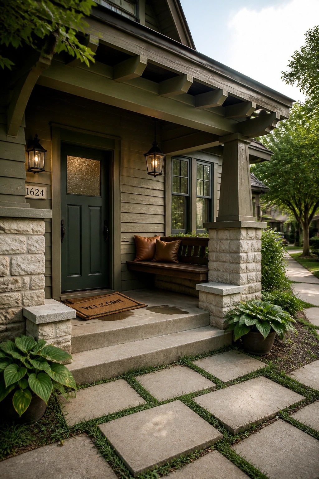 Green house porch with welcome mat, bench, lanterns, stone pillars, and pathway