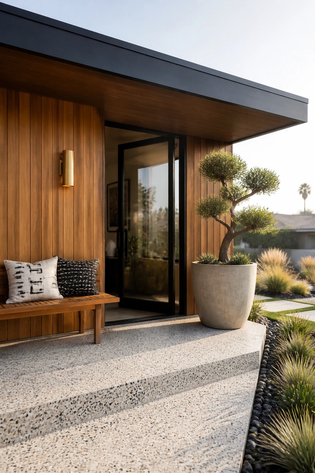 A front porch with a wooden bench holding two pillows, wood siding, black-framed glass doors, and a large concrete planter beside terrazzo steps.