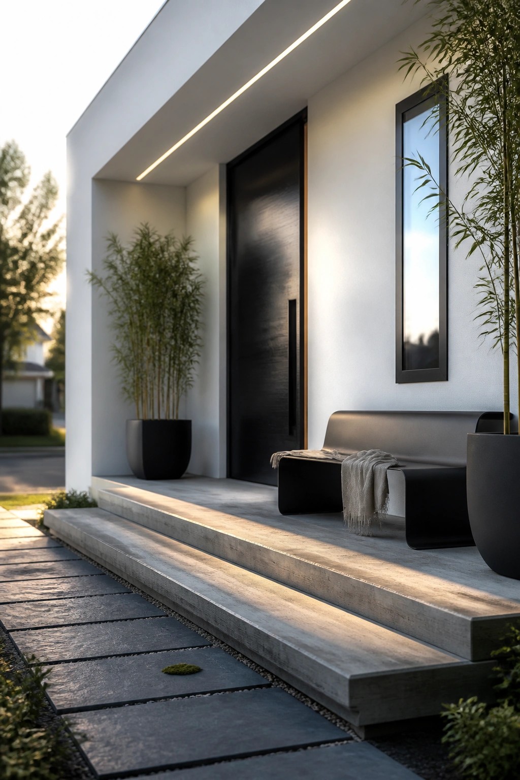 Modern minimalist entry with black door, bench, concrete steps, and bamboo planters.