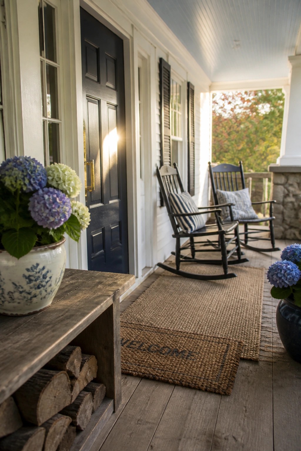 A wooden front porch with two black rocking chairs on a woven rug, a welcome mat, potted blue and white hydrangeas, and a dark blue door with sunlight shining through.
