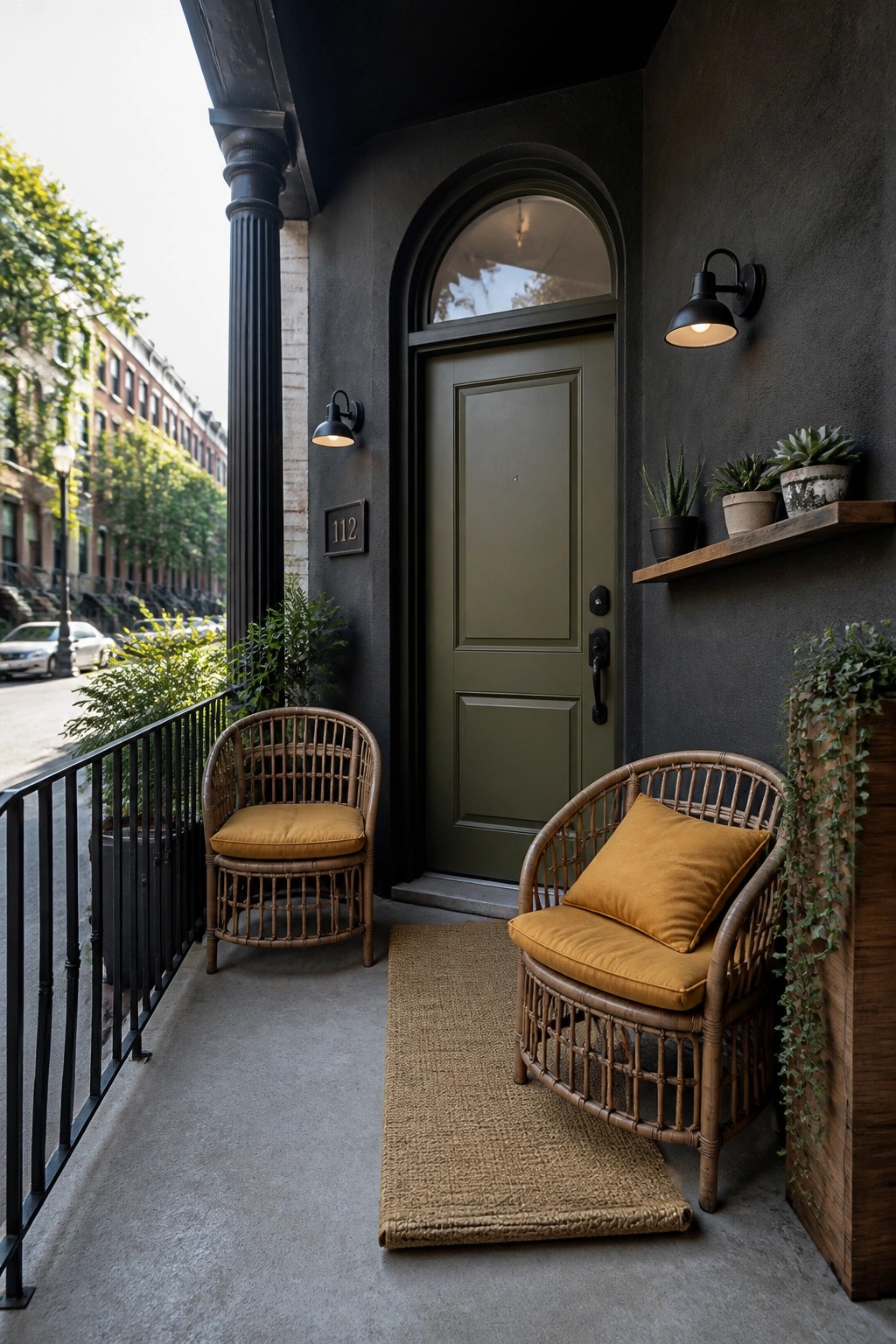 A front porch with a dark green door, two rattan chairs with mustard cushions, a jute rug, and potted plants along the side.