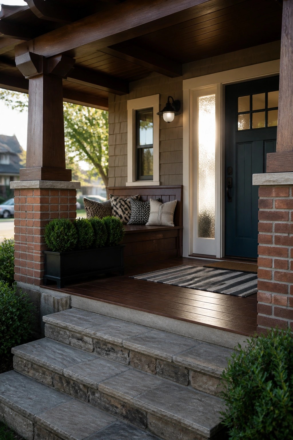 A front porch with gray stone steps, a dark wood built-in bench holding patterned pillows, a striped outdoor rug, and a dark blue door with a glass side panel.