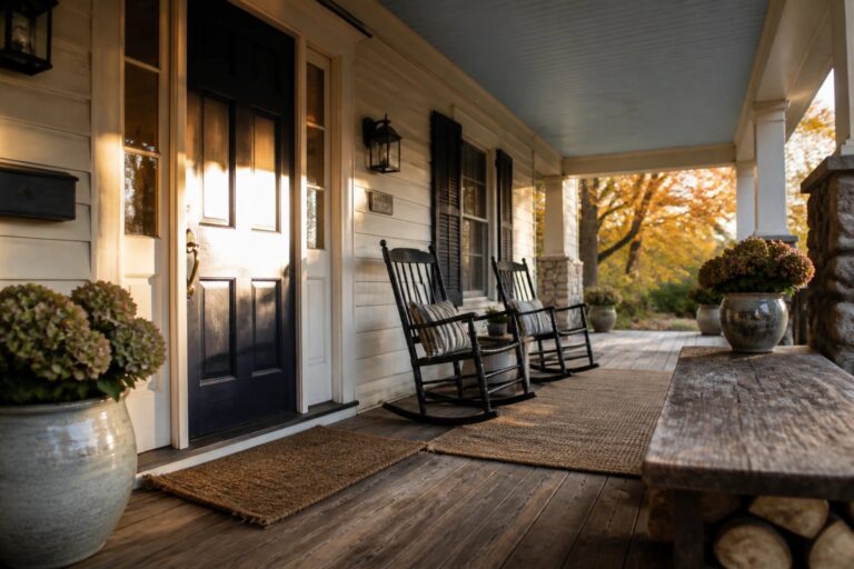 A wooden front porch with two black rocking chairs on a woven rug, a welcome mat, potted blue and white hydrangeas, and a dark blue door with sunlight shining through.