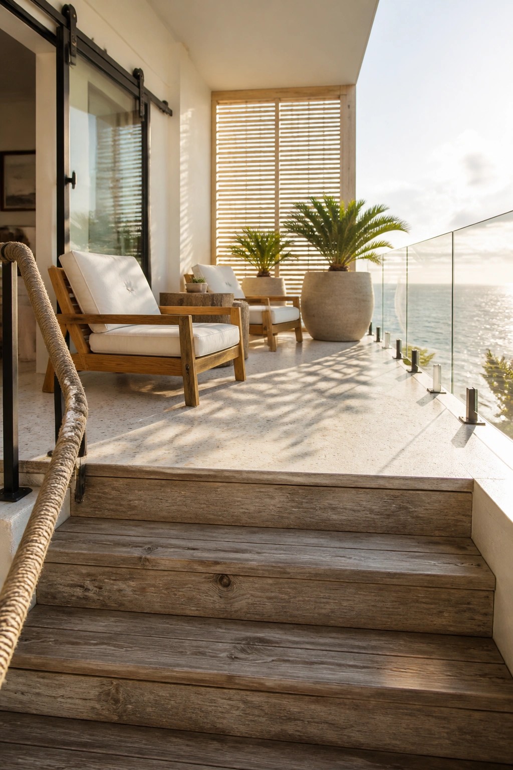 Wooden porch with cushioned lounge chairs, potted plants, and steps leading up to an ocean view.
