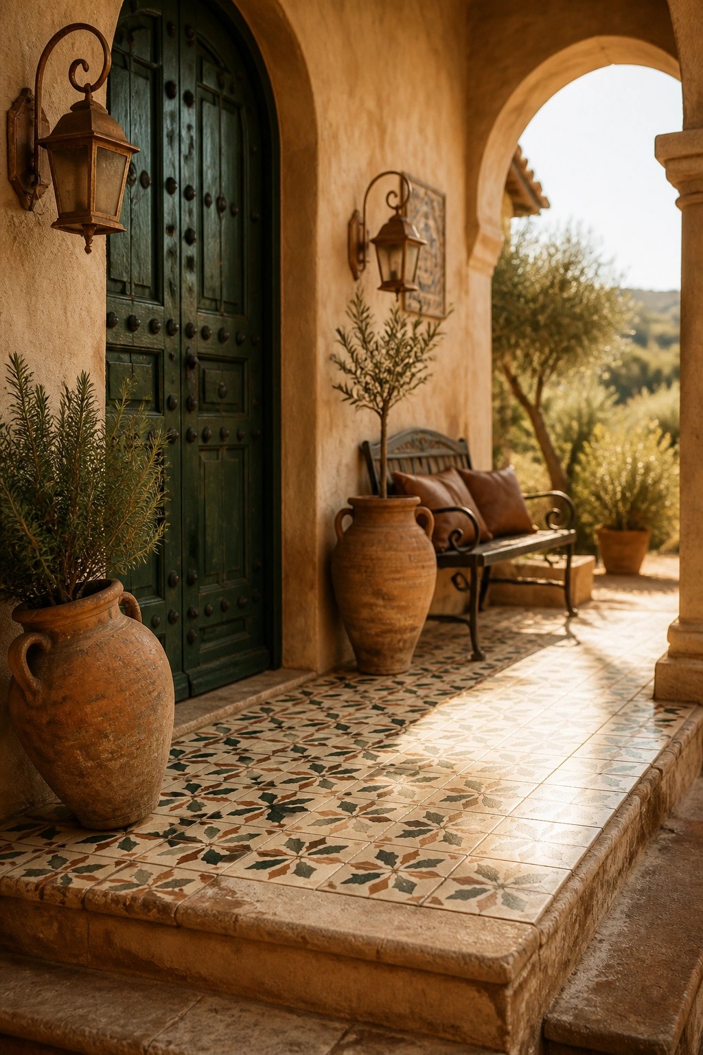 A front porch featuring patterned tile flooring, a green double door with lanterns, terracotta pots with plants, and a bench under an arched opening.