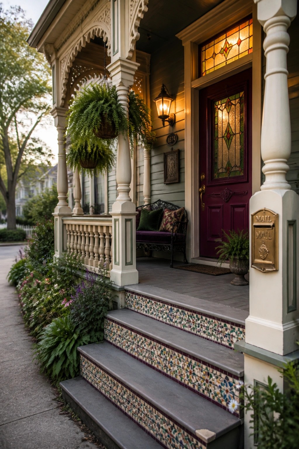Ornate Victorian porch with red stained-glass door, ferns, and mosaic steps