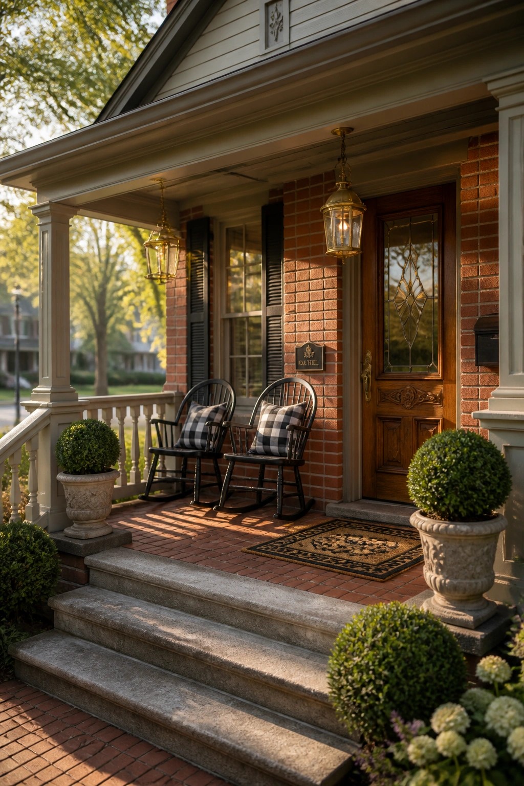 Front porch of a brick house with two black rocking chairs, potted shrubs, and a wooden door with glass panels.