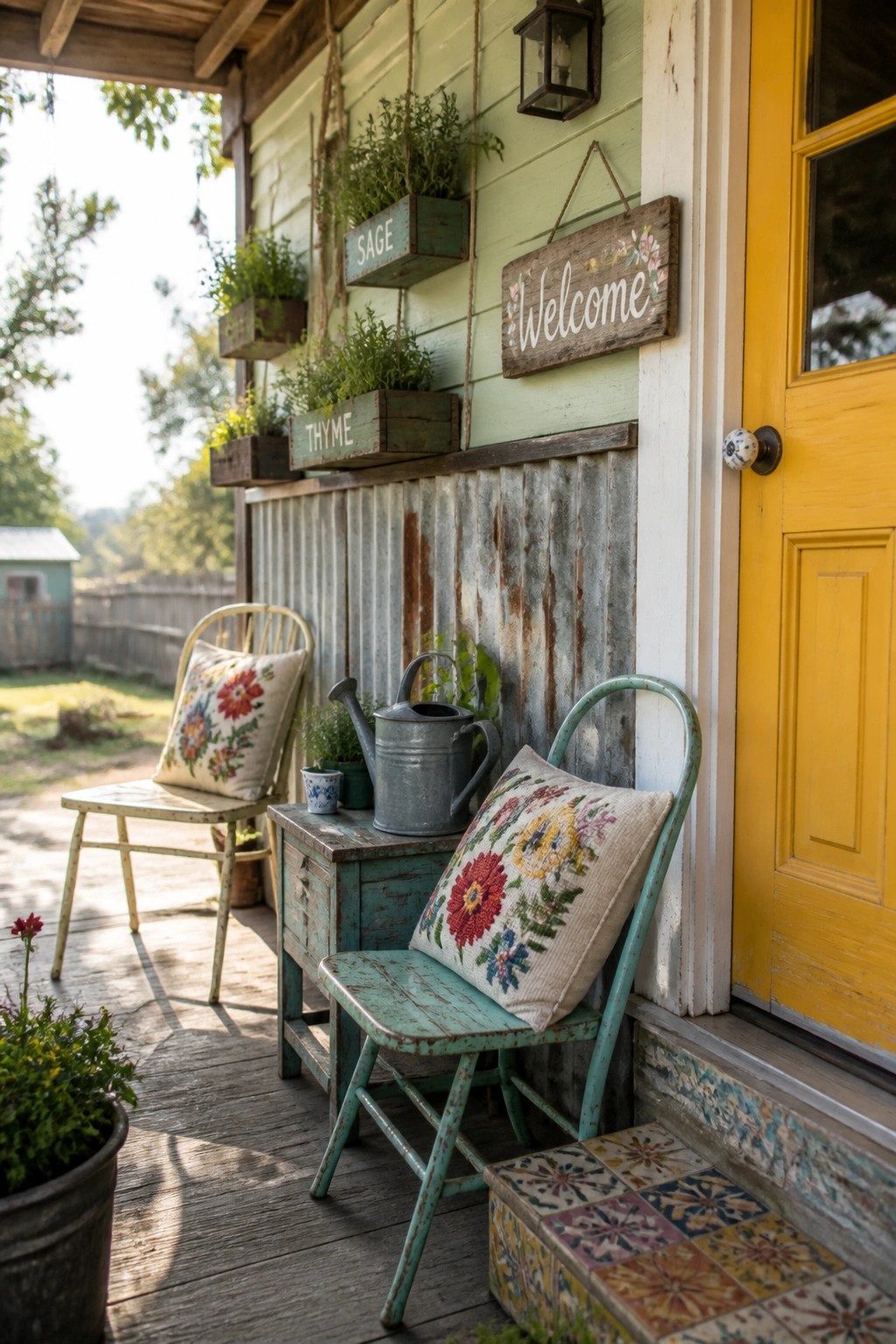 A front porch featuring two vintage wooden chairs, labeled herb planters, a metal watering can, and a yellow door on a wooden deck.