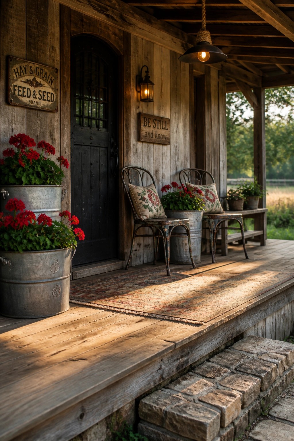 Rustic wooden porch with red geraniums in metal buckets and vintage chairs.