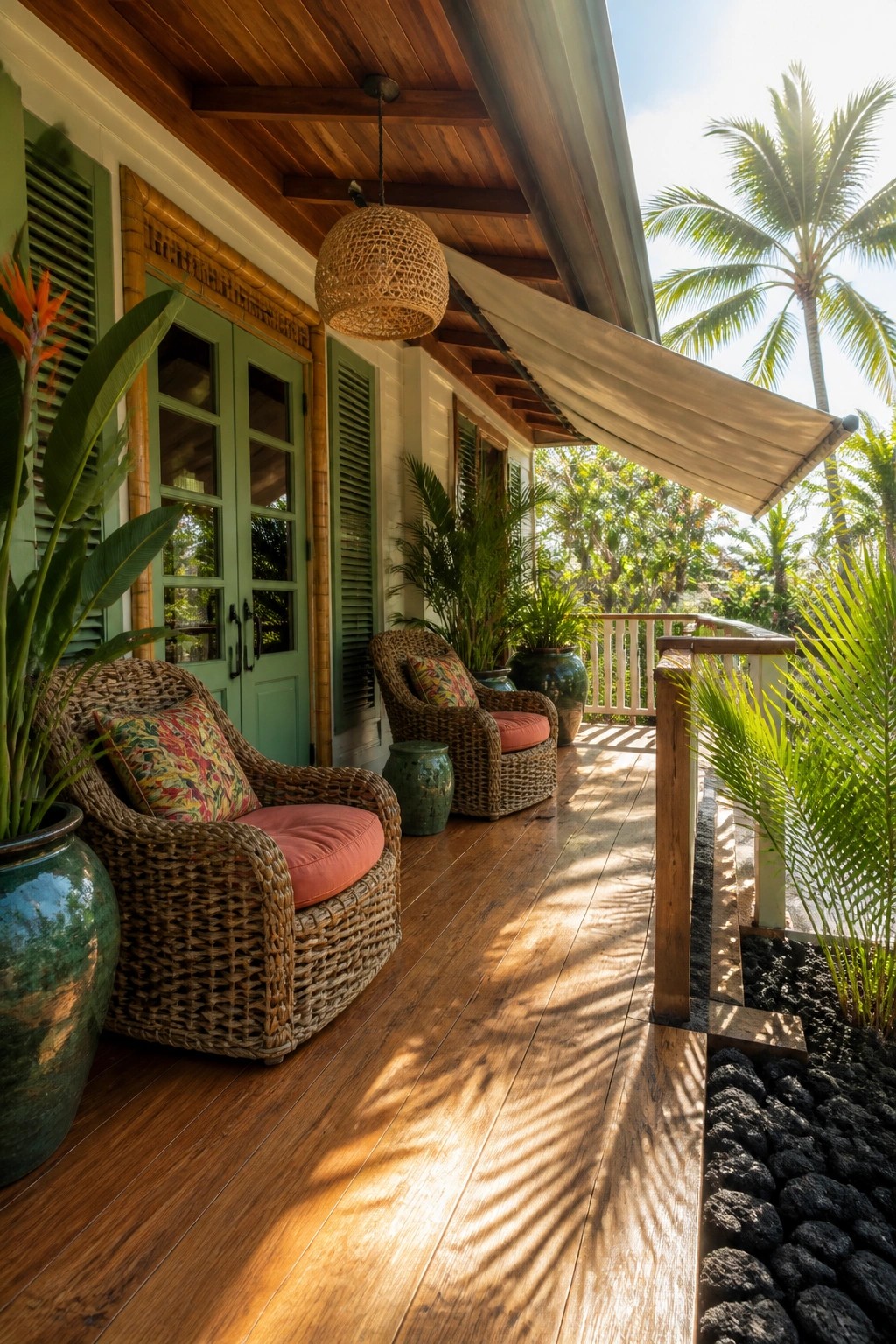 Wooden front porch with two wicker armchairs, coral cushions, potted plants, green double doors, and a canvas awning.
