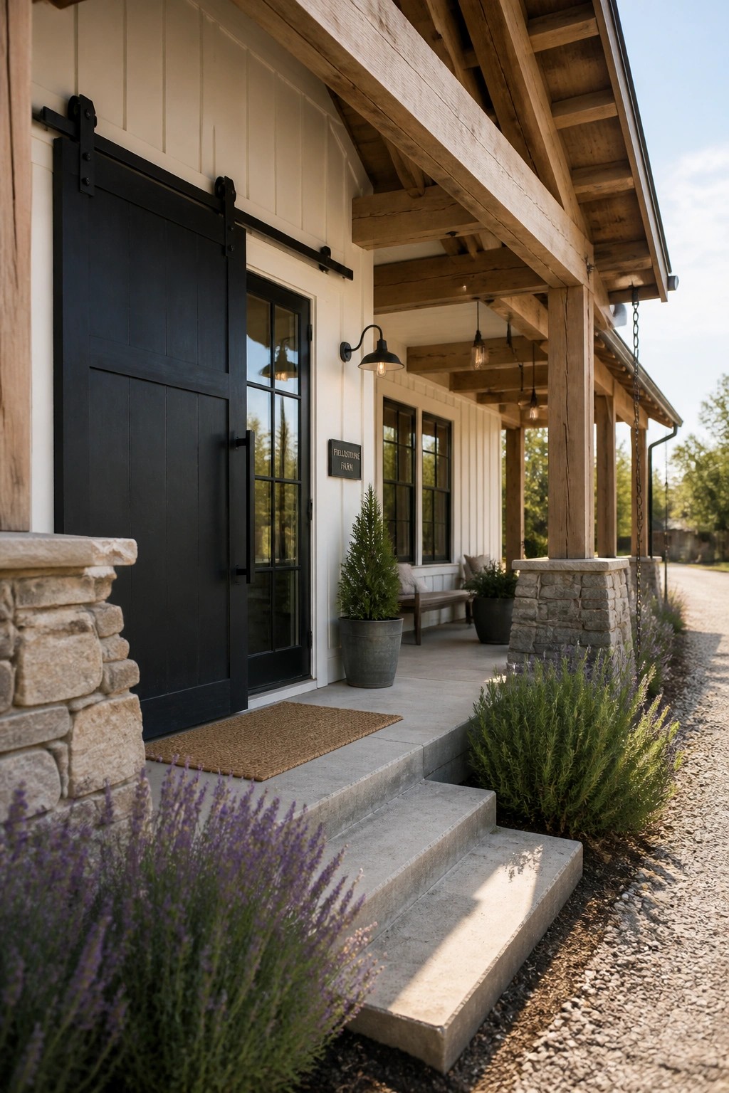 A white house exterior with a black sliding barn door and adjacent glass door under a wooden porch supported by stone pillars, with concrete steps and lavender plants in front.
