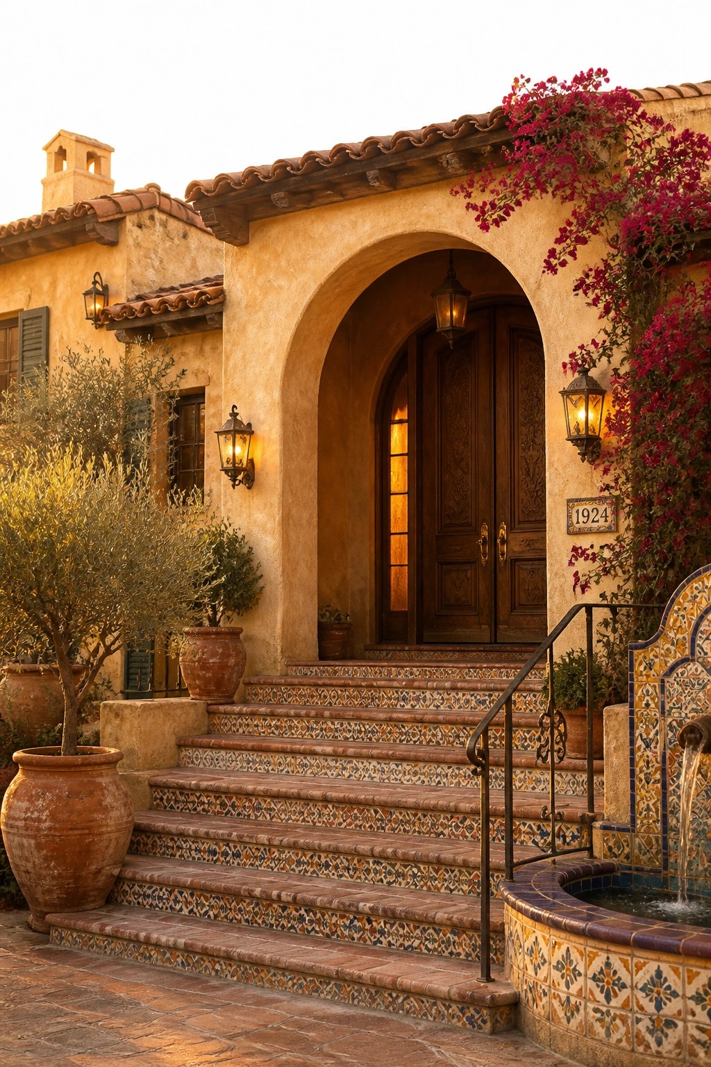 A Mediterranean-style stucco house exterior with a large arched entry featuring double wooden doors, patterned tile stairs, wall lanterns, and climbing bougainvillea.