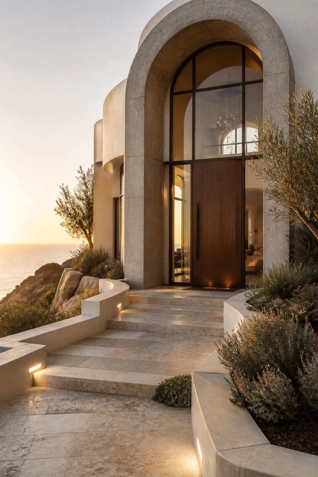 A modern concrete house with a large arched entryway featuring a tall wooden door and glass panels, approached by stone steps with landscape plants on either side.