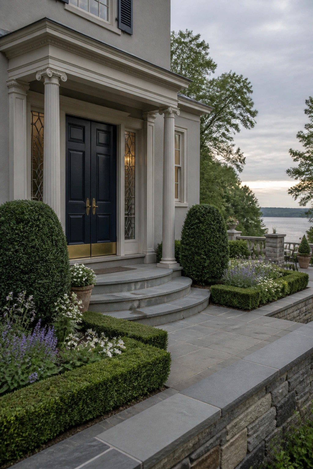 Elegant house entrance with black doors, white columns, stone steps, and waterfront view.
