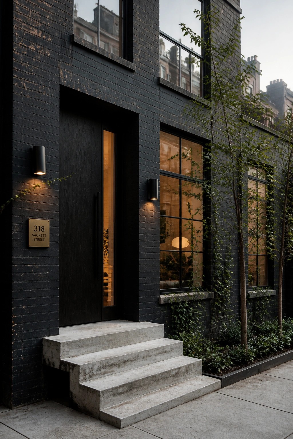 A dark brick building facade features a black wooden door reached by concrete steps, flanked by wall sconces and black-framed windows.