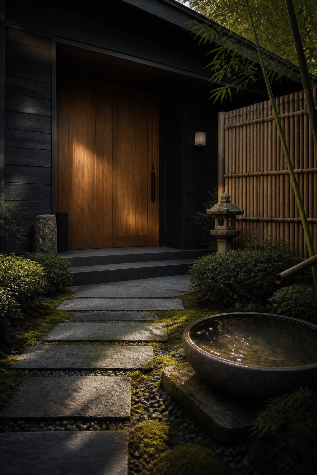 A front view of a dark house with a large wooden door, stone steps, and a path of flat stones leading to the entrance, with bamboo fencing and a stone lantern nearby.