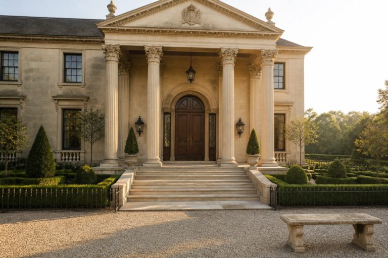 Neoclassical mansion entrance with tall columns, stone steps, wooden doors, and hedges.
