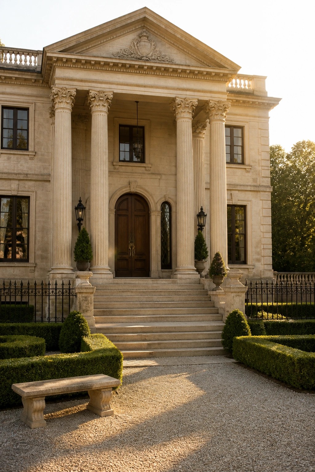 Neoclassical mansion entrance with tall columns, stone steps, wooden doors, and hedges.