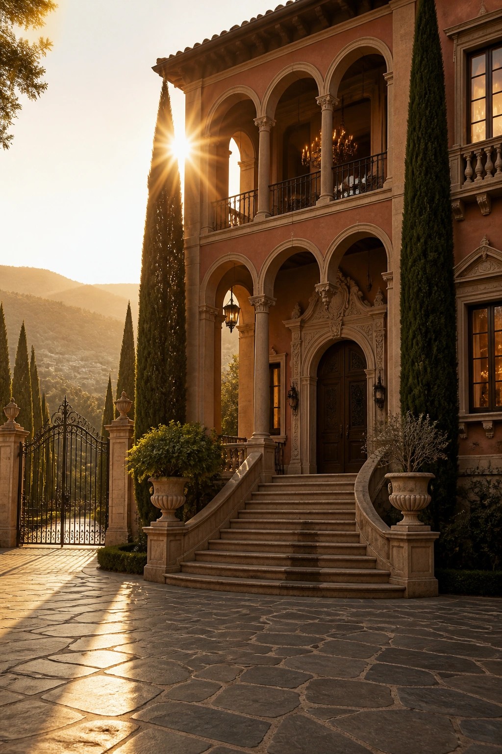 Sunset bathes ornate terracotta villa with arches, stone stairs, and cypress trees.