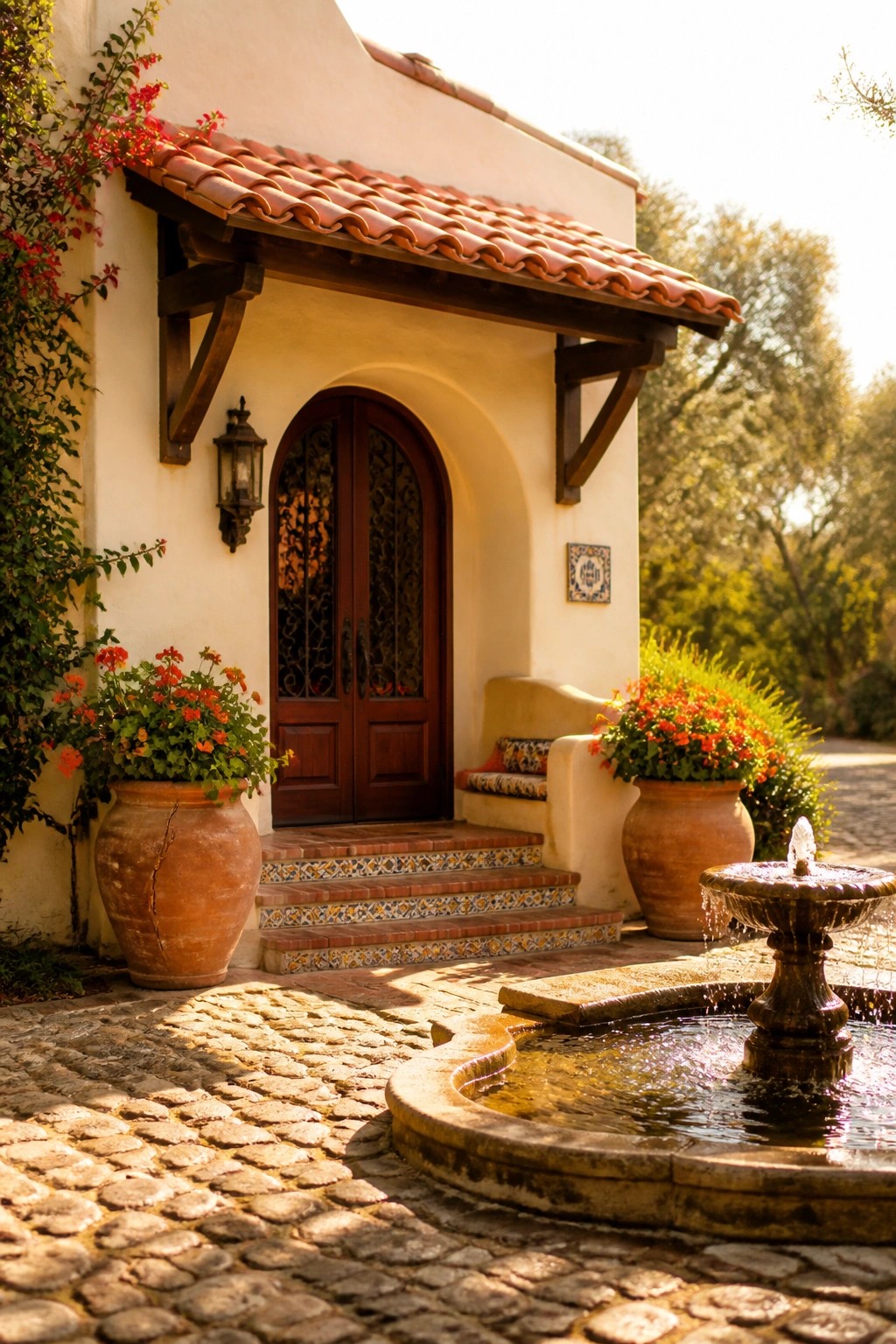 A stucco house with a red-tiled roof, arched wooden double doors, colorful tiled steps, and large terracotta pots beside a stone fountain on a cobblestone path.