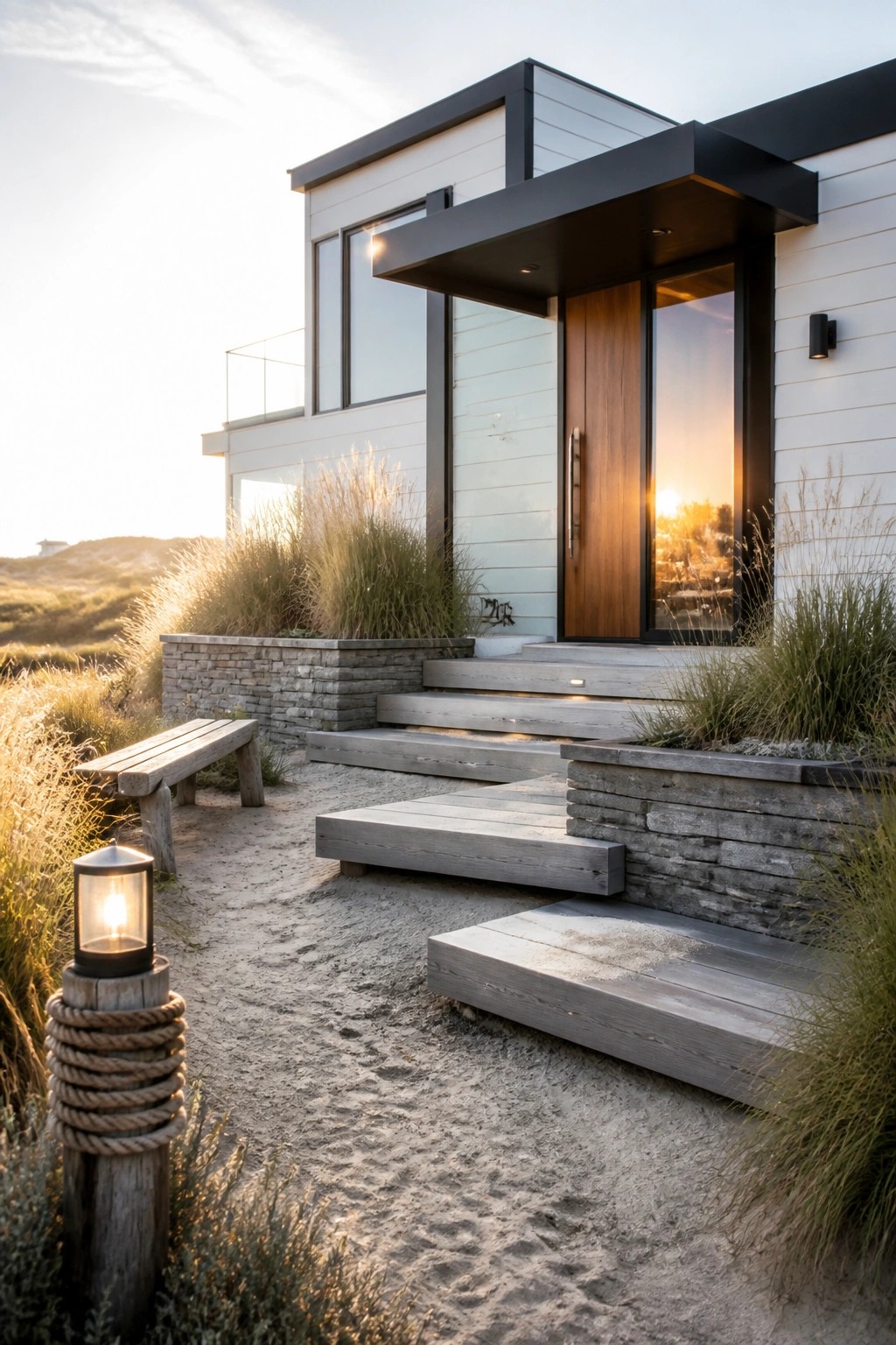 A modern house with white siding, black trim, a wooden front door under a dark overhang, and gray wood steps leading from a sandy path.