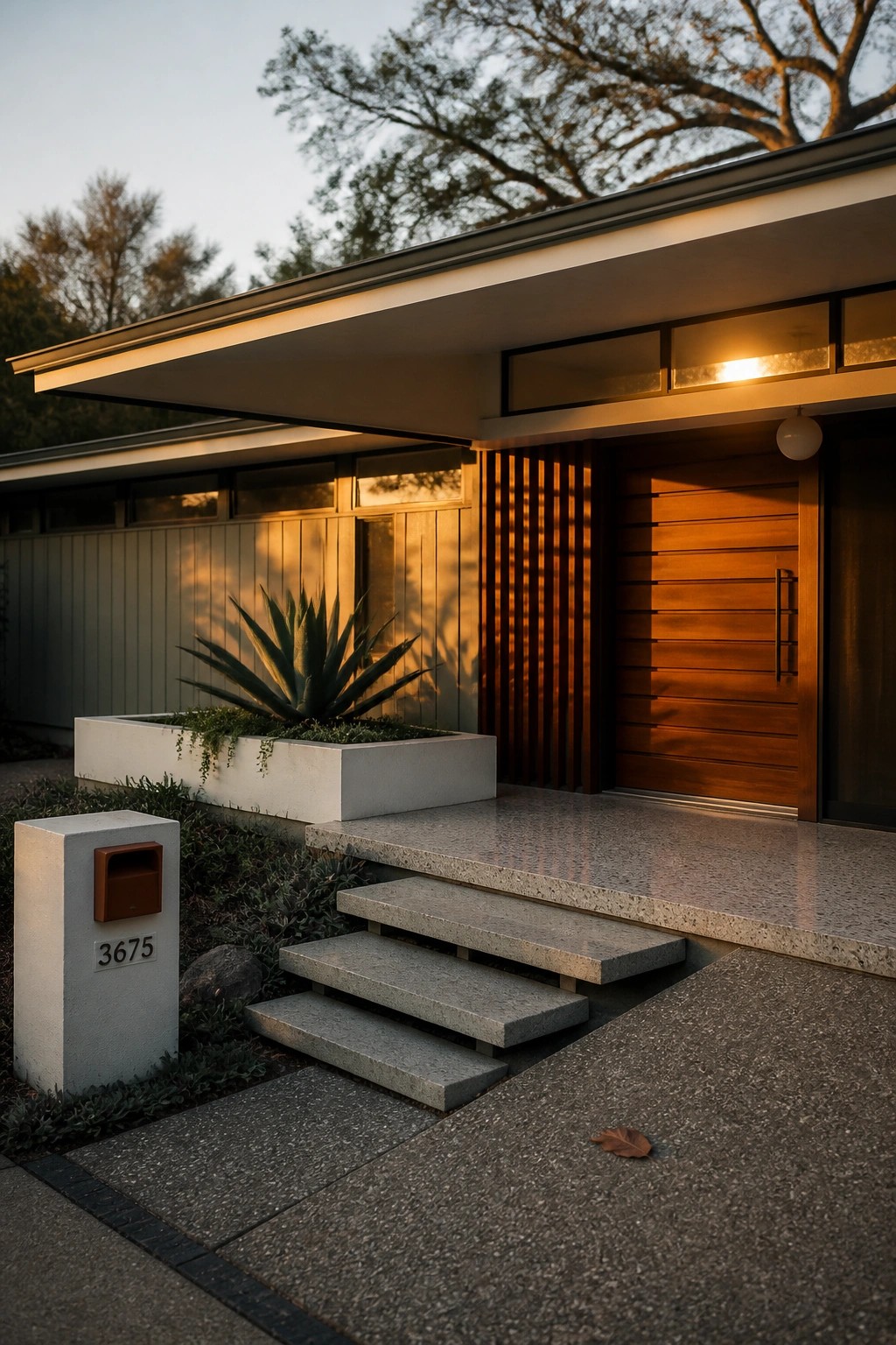 A modern house entrance featuring a horizontal wood door, concrete steps, a planter box, and a wide overhang with evening lighting.