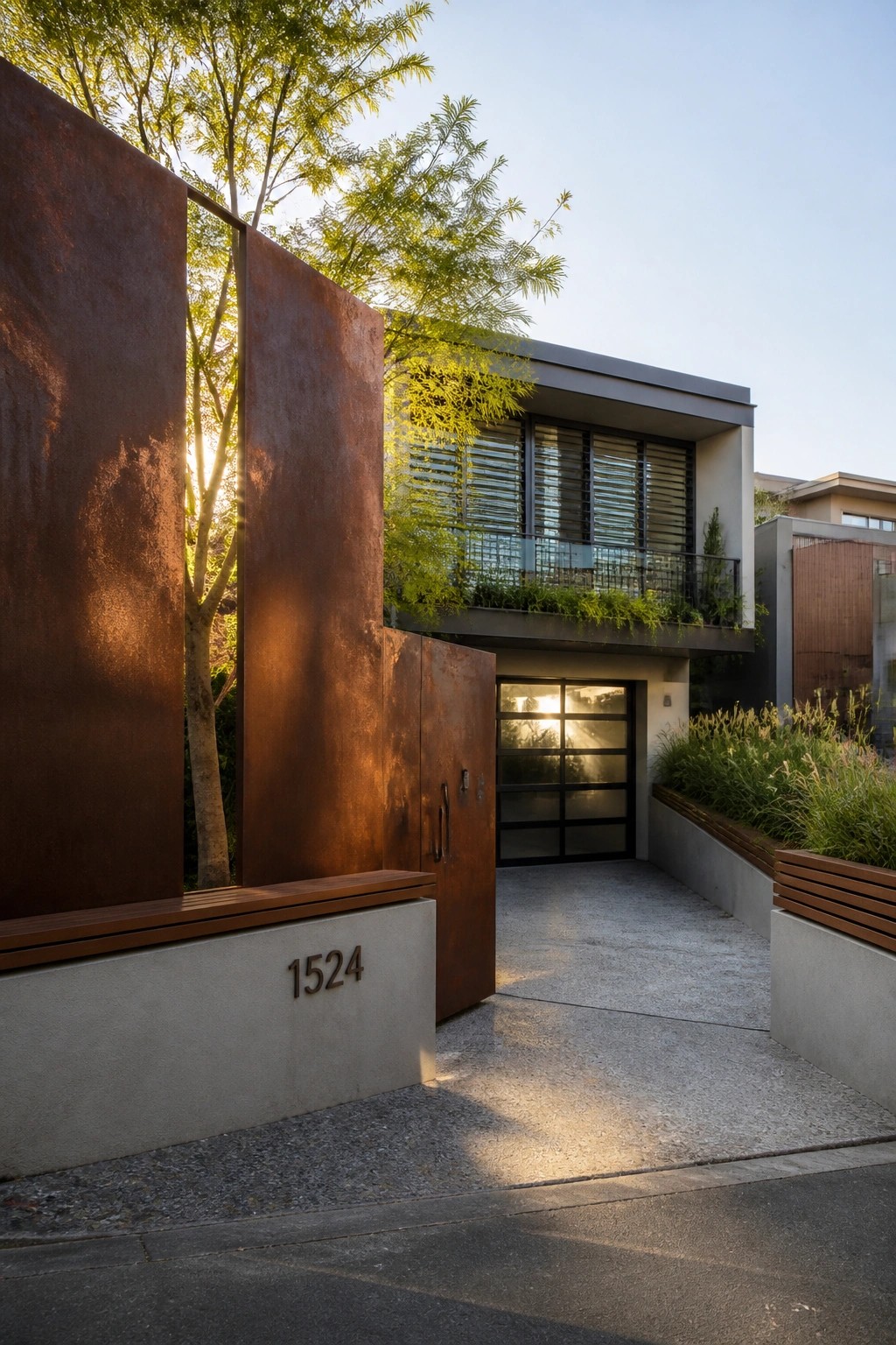 Modern home entrance with rusted metal gate, concrete walls, trees, and balcony.