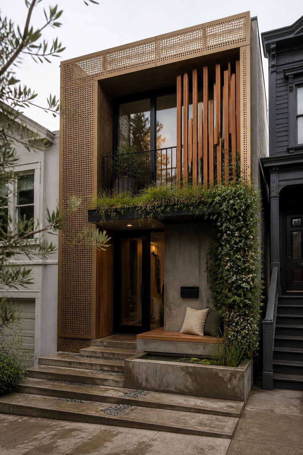 A narrow modern house exterior featuring a large perforated metal screen on the upper facade, vertical wood slats, a small balcony with plants, and concrete steps leading to the entrance.