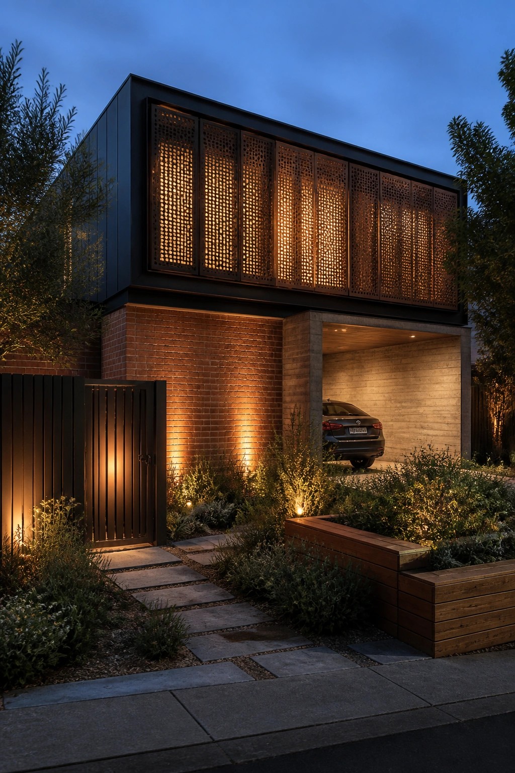 A modern two-story house at dusk with a brick lower level, dark upper level featuring illuminated perforated metal screens, an open carport with a car inside, a stone pathway, and a wooden gate on the left.