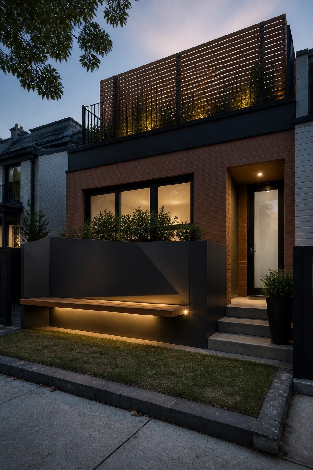 Modern brick house at dusk with illuminated wooden bench and entrance steps.
