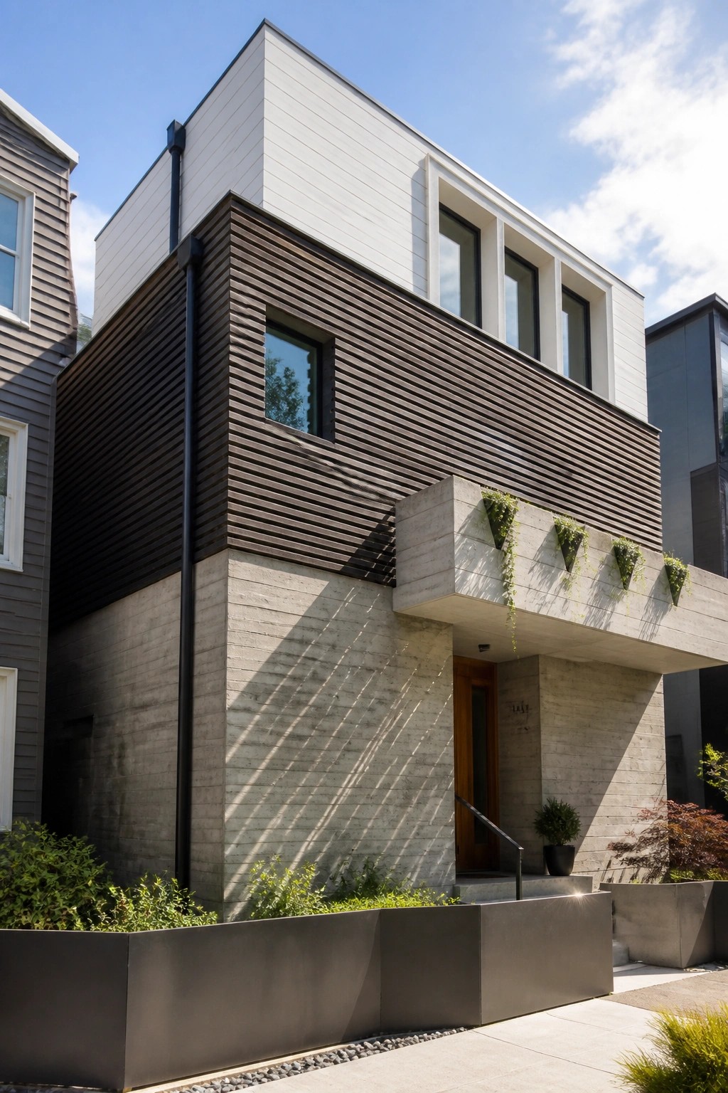 Modern multi-story house with white upper volume, dark horizontal siding, concrete base, and a cantilevered concrete entry structure with hanging plants above a wooden door.
