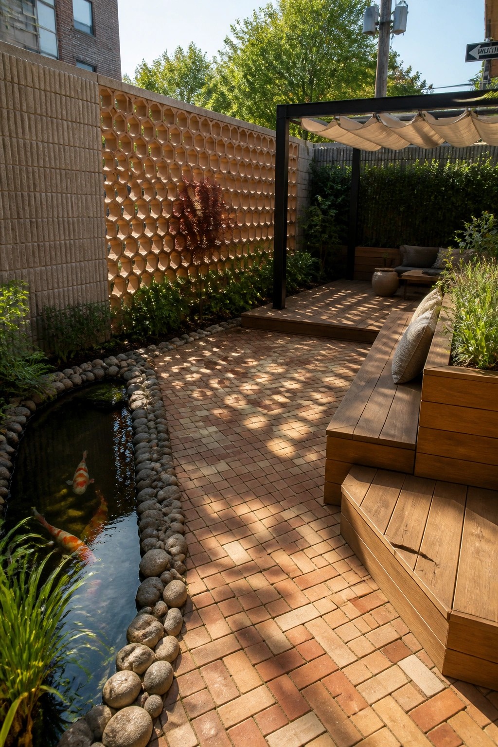 An urban backyard patio with wooden built-in seating, a brick pathway, a small koi pond, and a tall honeycomb-patterned screen wall along the edge.