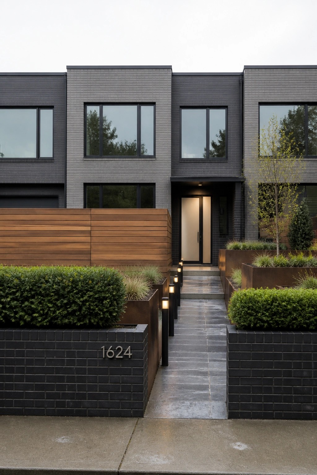Modern dark brick townhouse with a recessed front door reached by a stone path lined with black bollard lights, raised metal planters, and a tall horizontal wood privacy screen on the left.