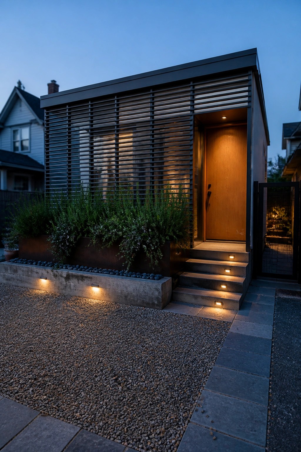 Modern slatted building with glowing wooden door, lit steps, and lush planter.