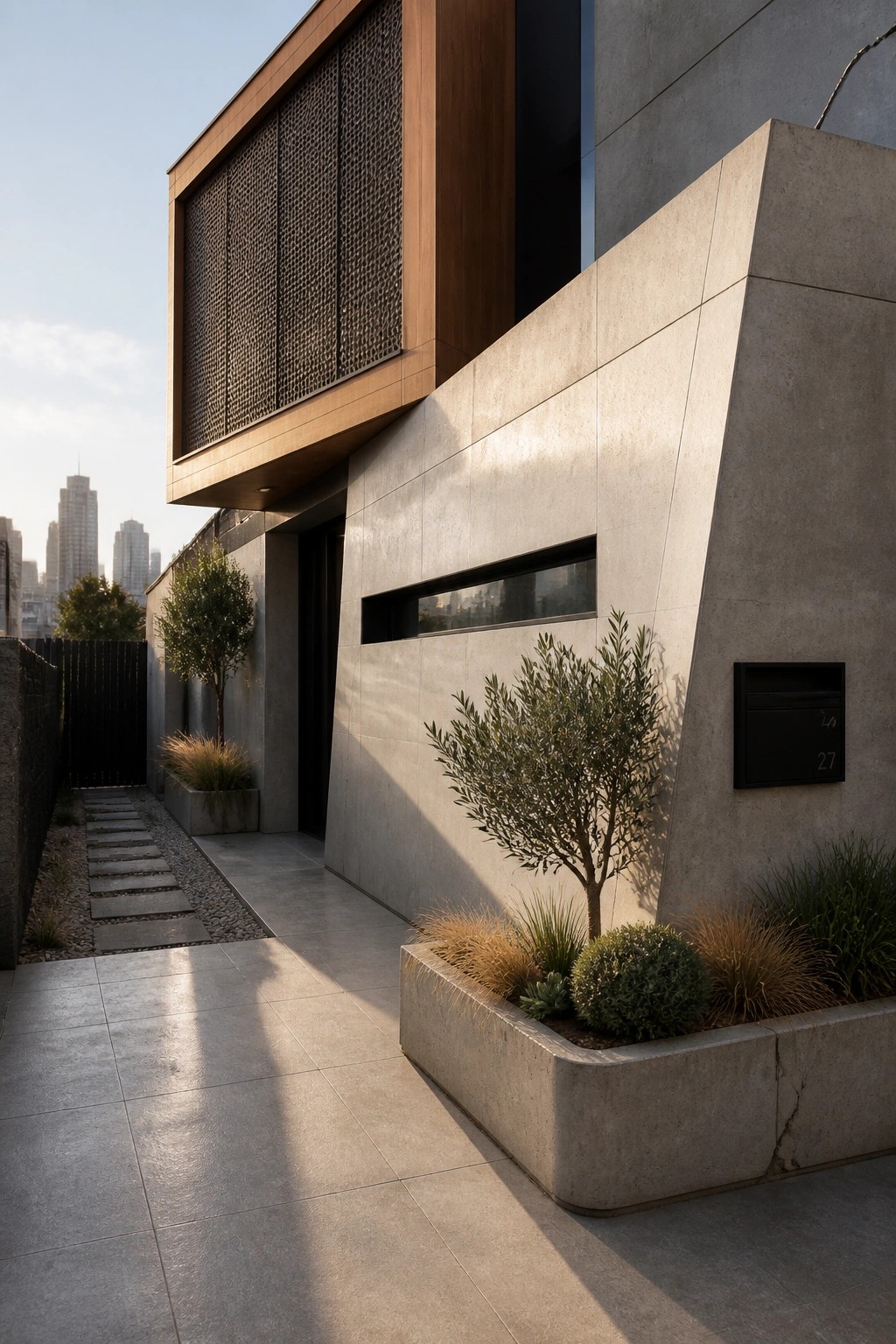 Modern concrete house exterior with a side entry path, integrated concrete planters holding trees and grasses, and a city skyline visible in the background.