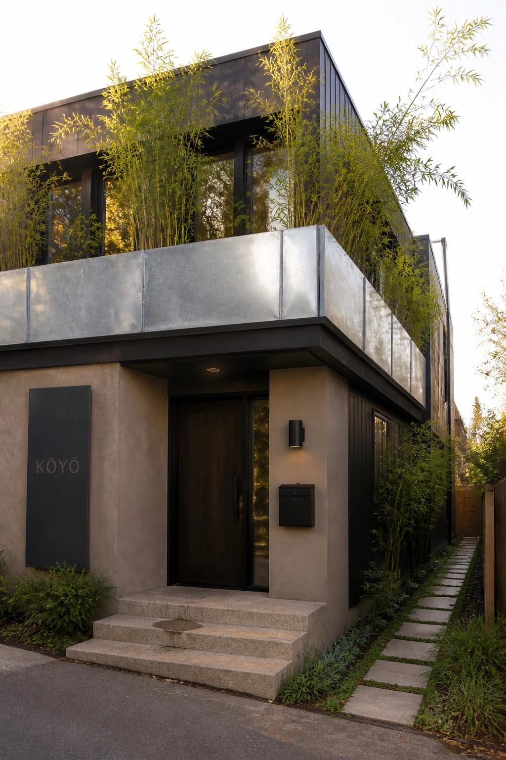 Modern two-story house exterior with concrete and dark metal siding, a wooden front door with concrete steps, a black mailbox, and tall bamboo plants screening the side path.