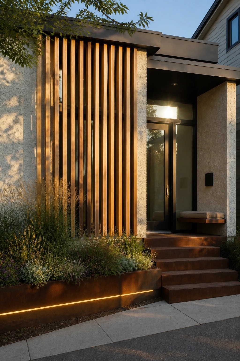 Modern house entrance featuring vertical wood slats covering part of the facade beside a glass door and concrete steps.