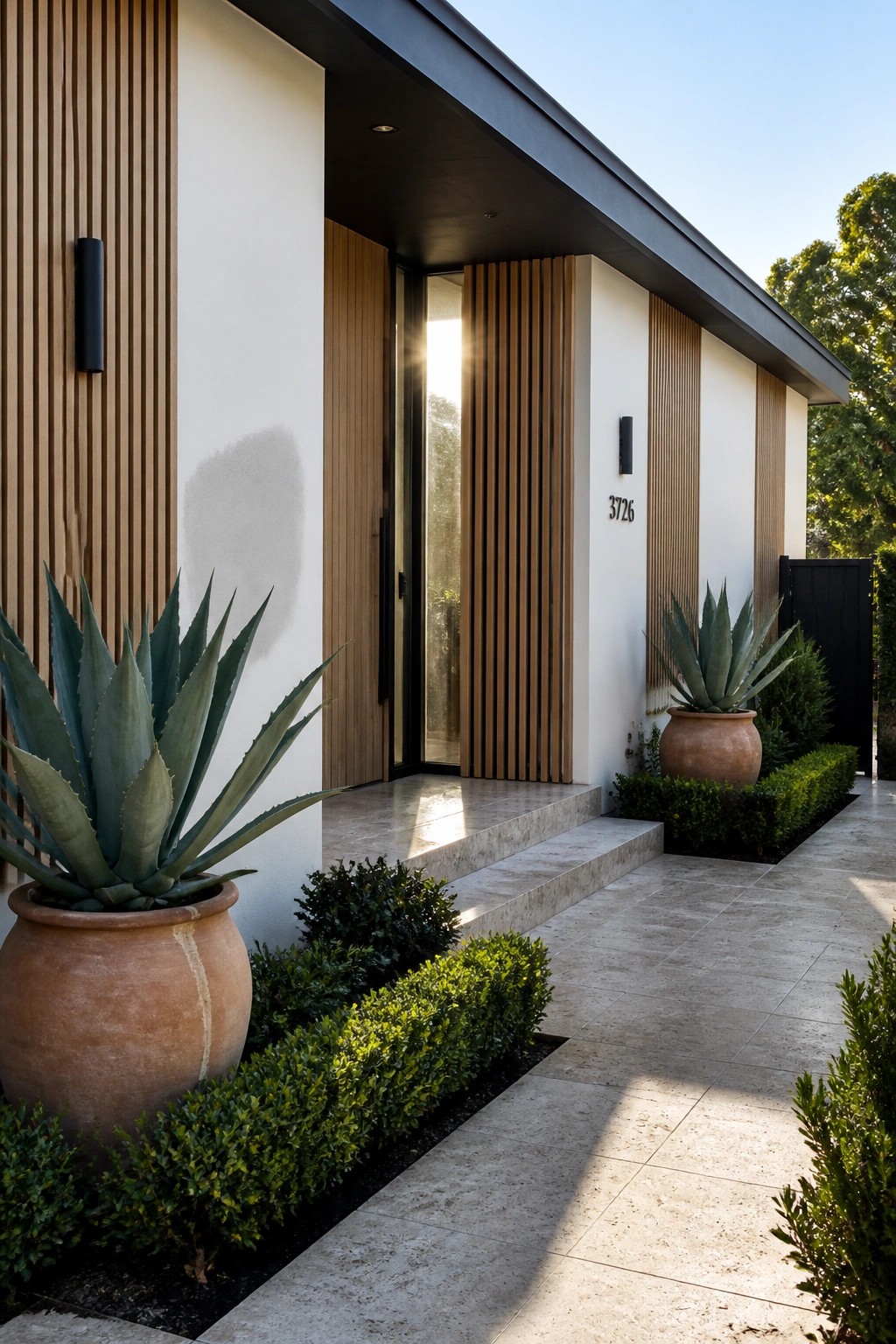 Modern house exterior featuring white walls, vertical wood slats around the entry, a glass door, and large terracotta pots with agave plants.