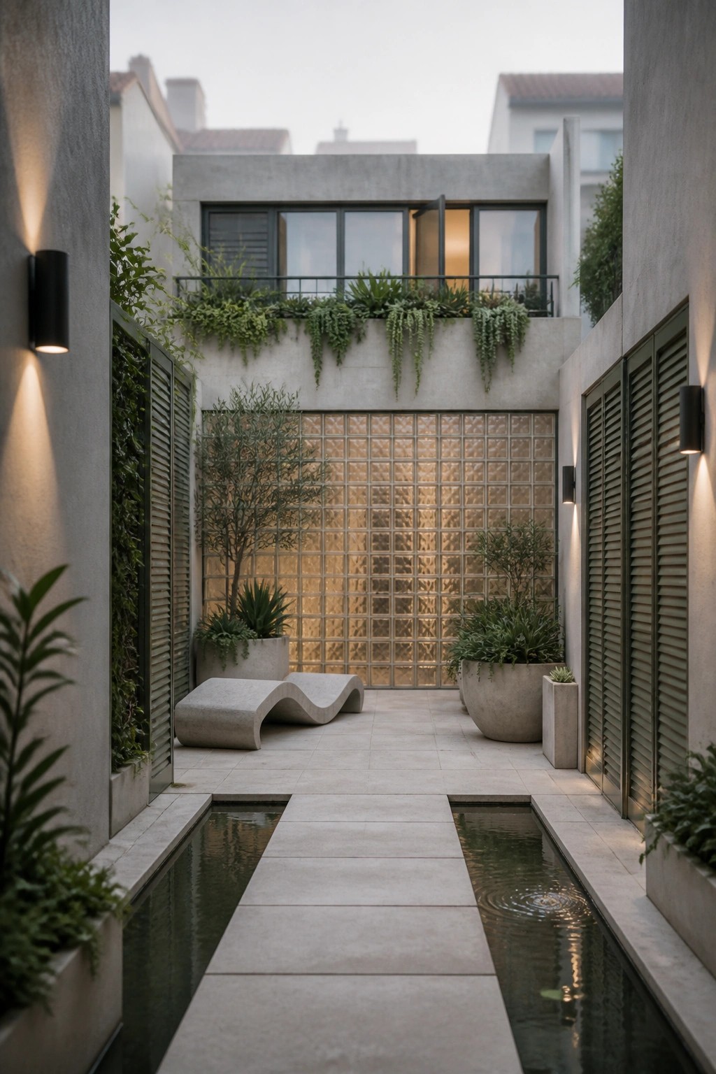 Modern courtyard with curved concrete benches, side water channels, and glowing glass wall.