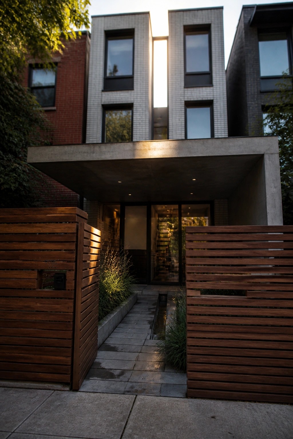 A modern house exterior with a concrete overhang above the entrance and tall wooden slatted fences flanking a stone pathway leading to the front door.