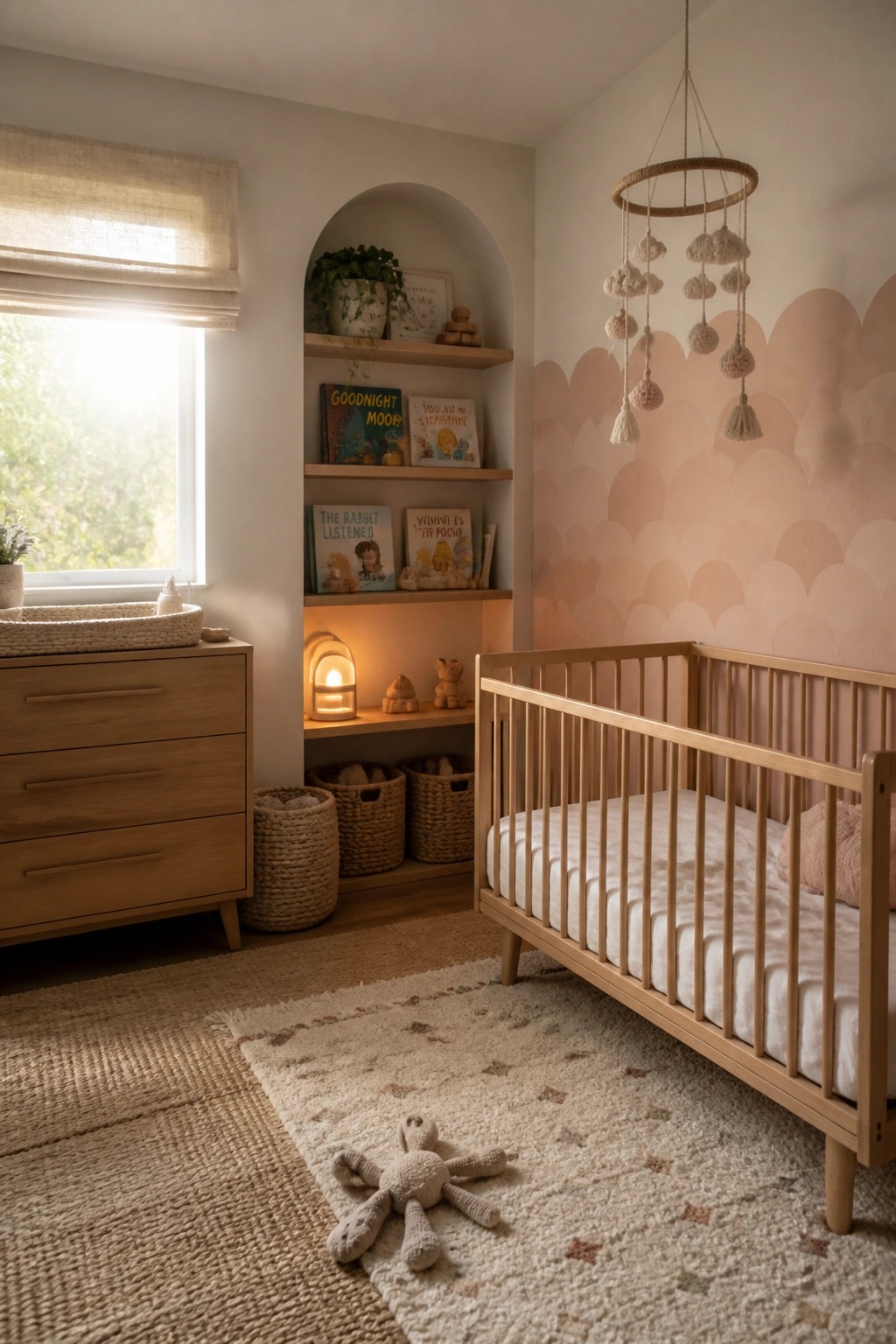 A nursery features a light wood crib, woven baskets, and an arched built-in shelving unit with books and plants beside a window and wooden dresser.