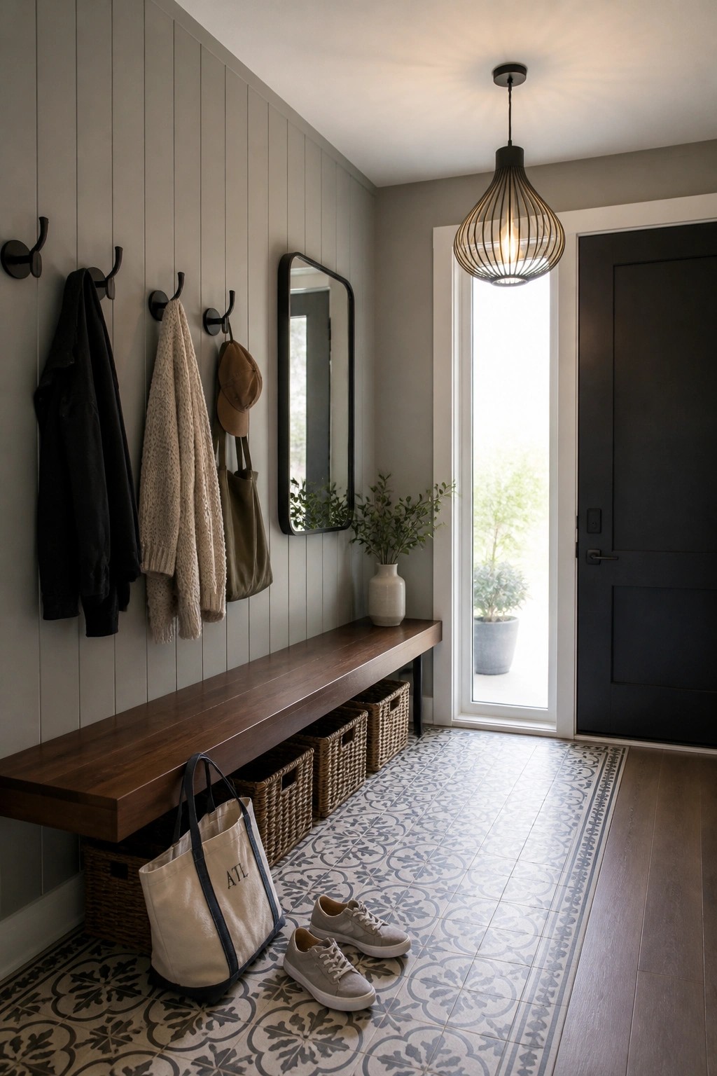 An interior entryway featuring a long wooden bench beneath black hooks on a paneled wall, with woven baskets stored below and a black door visible to the right.