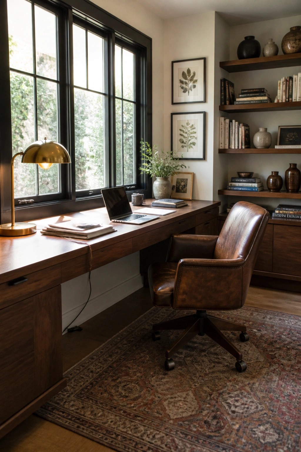 A wooden desk with drawers sits under large black-framed windows, paired with a brown leather office chair on a patterned rug and floating wooden shelves on the adjacent wall.