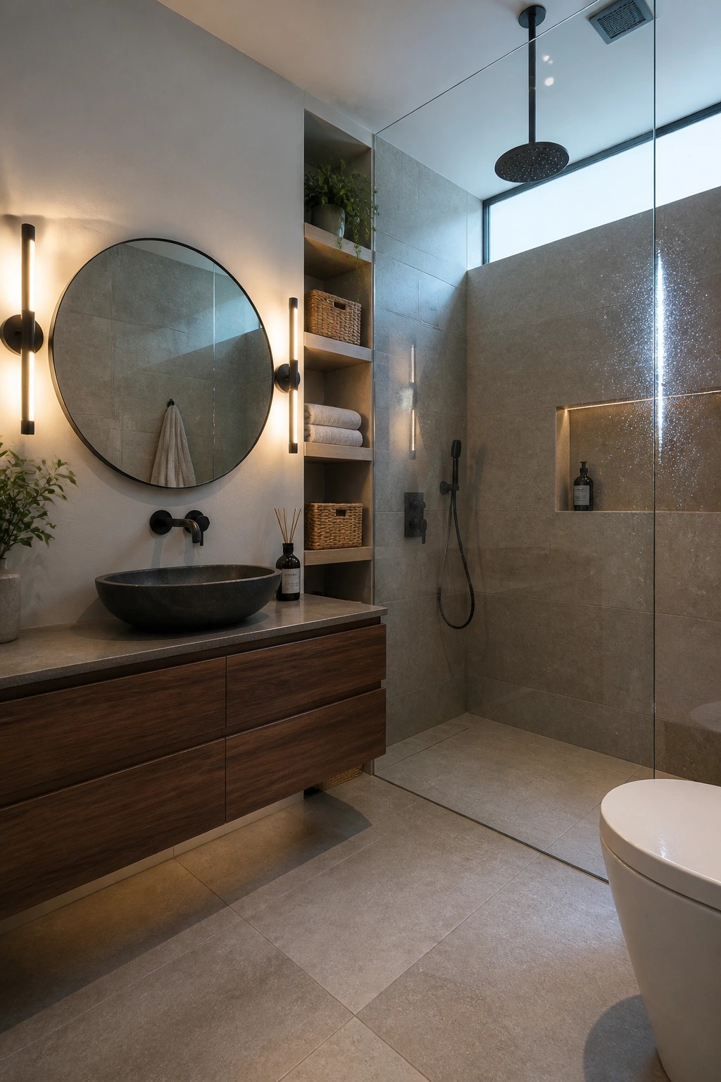 Modern bathroom with floating wood vanity, round mirror, stone vessel sink, and tiled shower area with open recessed shelves holding towels and baskets.