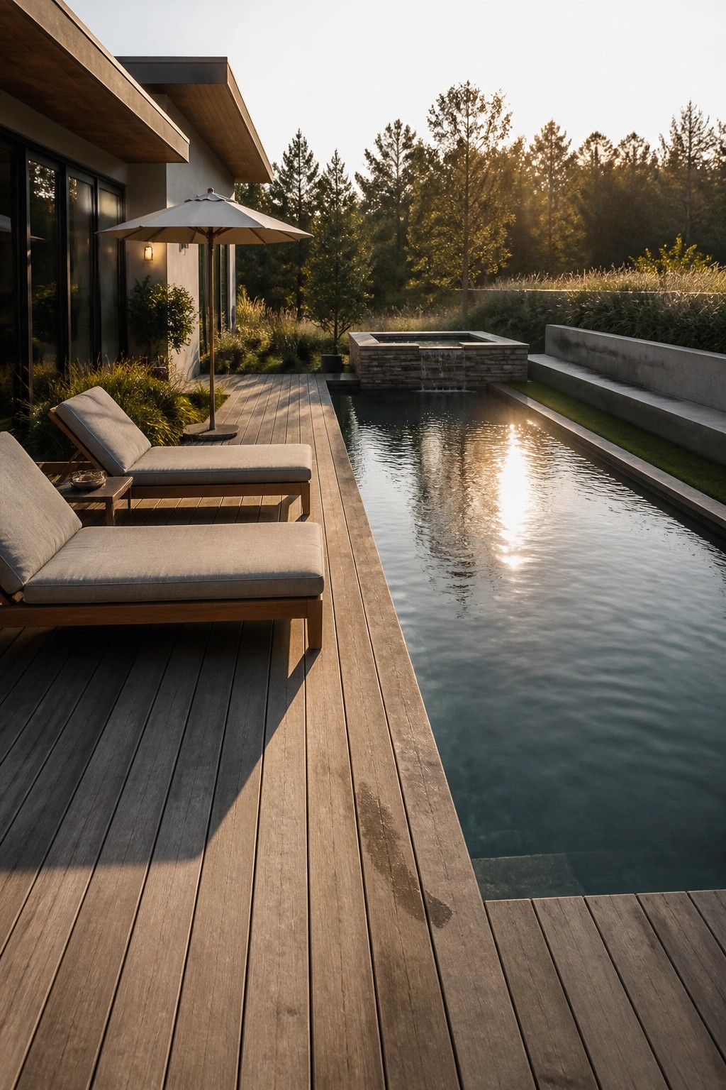 A long wooden deck runs alongside a rectangular pool next to a modern house, with two lounge chairs and a patio umbrella near the water.