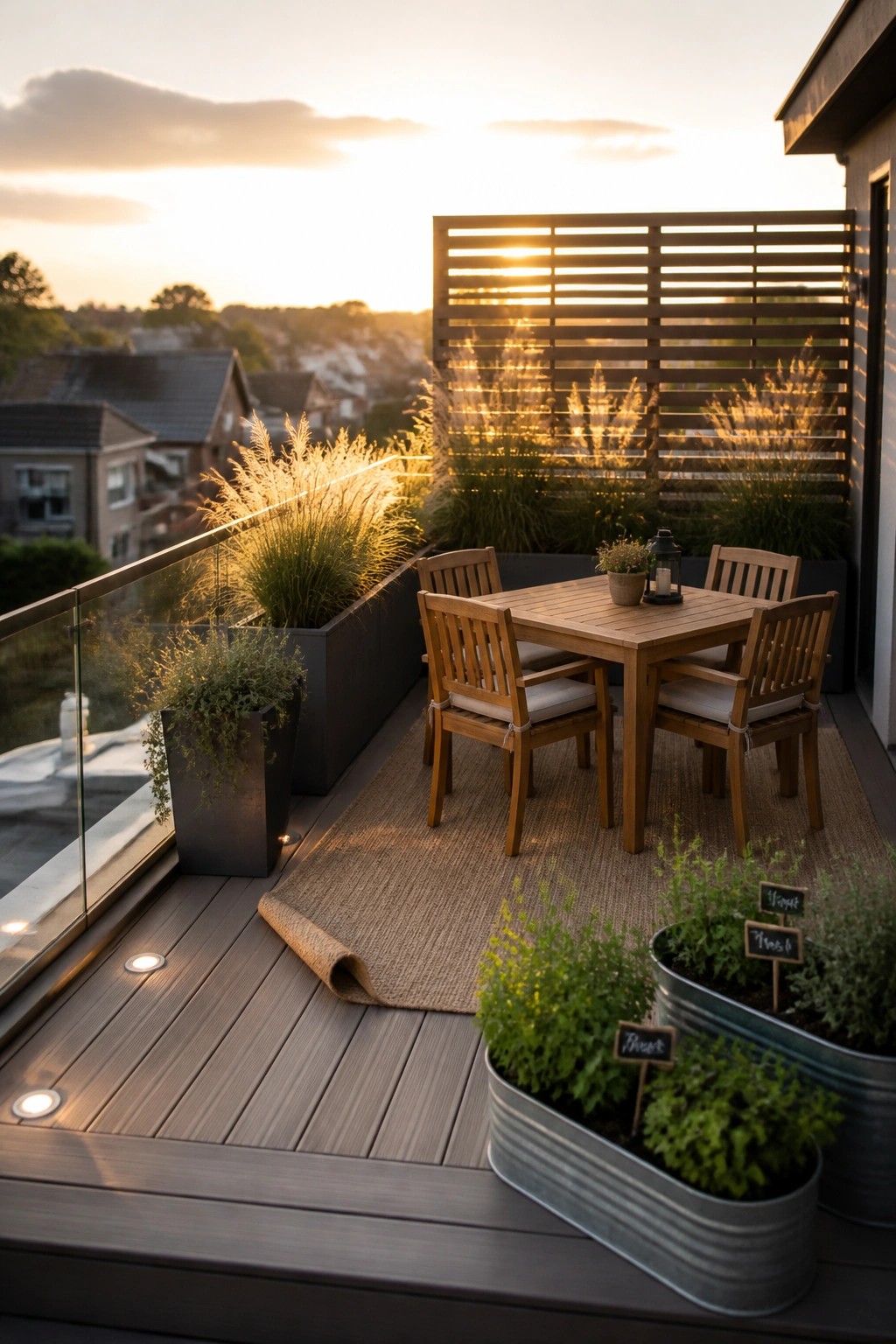 A wooden dining table and four chairs arranged on a woven rug atop a modern deck with surrounding planters at sunset.