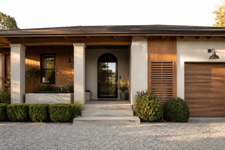 Front view of a modern bungalow with a covered porch supported by white columns, an arched black door, wood siding on the left side, and a garage door on the right.