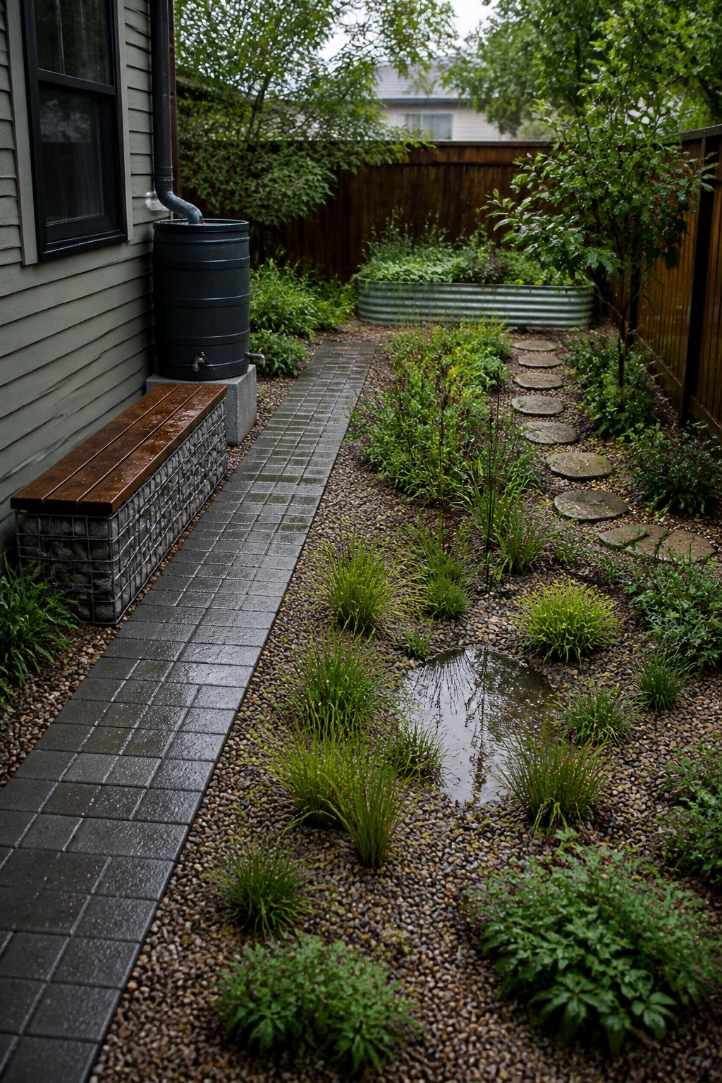 A backyard garden shows a gravel path with round stepping stones, a black rain barrel on a house wall, a raised metal garden bed, and various green plants along the edges.