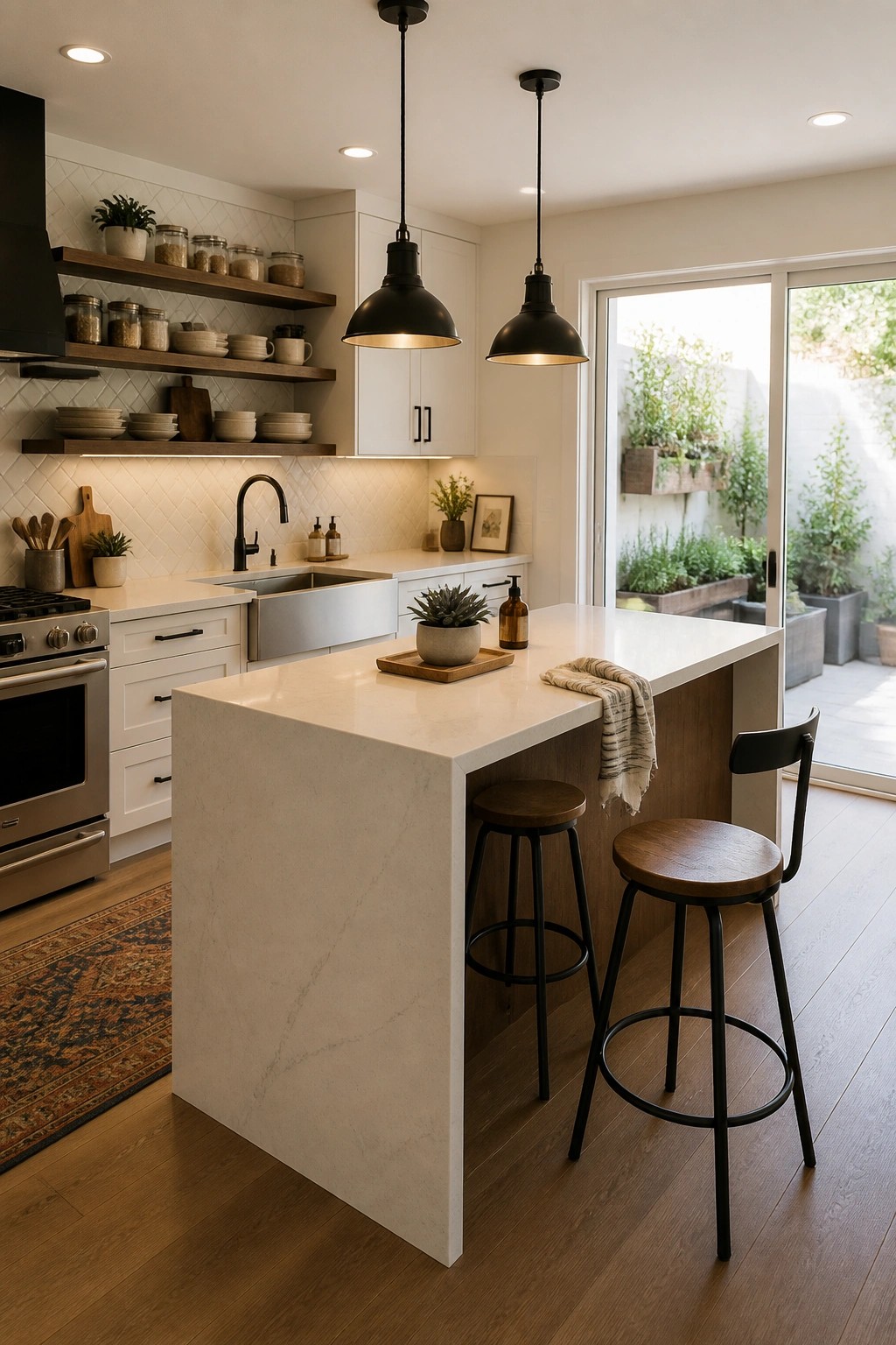 A modern kitchen with a large white marble island, two wooden bar stools, black pendant lights, and open wooden shelves on the back wall.