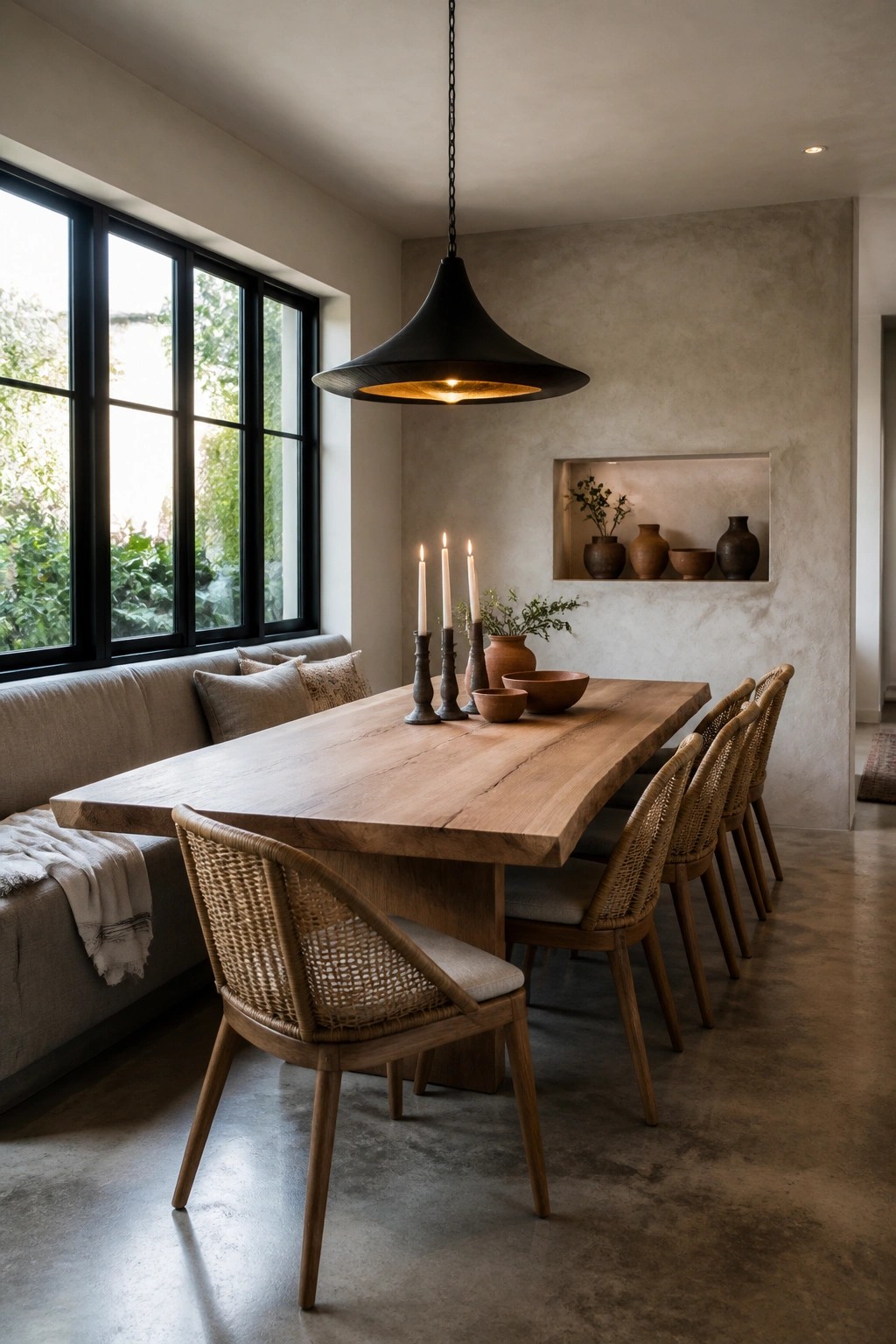 Rustic wooden dining table with woven chairs under black pendant light in neutral room